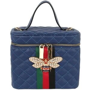 NWT Queen Bee Blue Quilted Striped Boxy Handbag/Crossbody w/Stylish Gold Chain